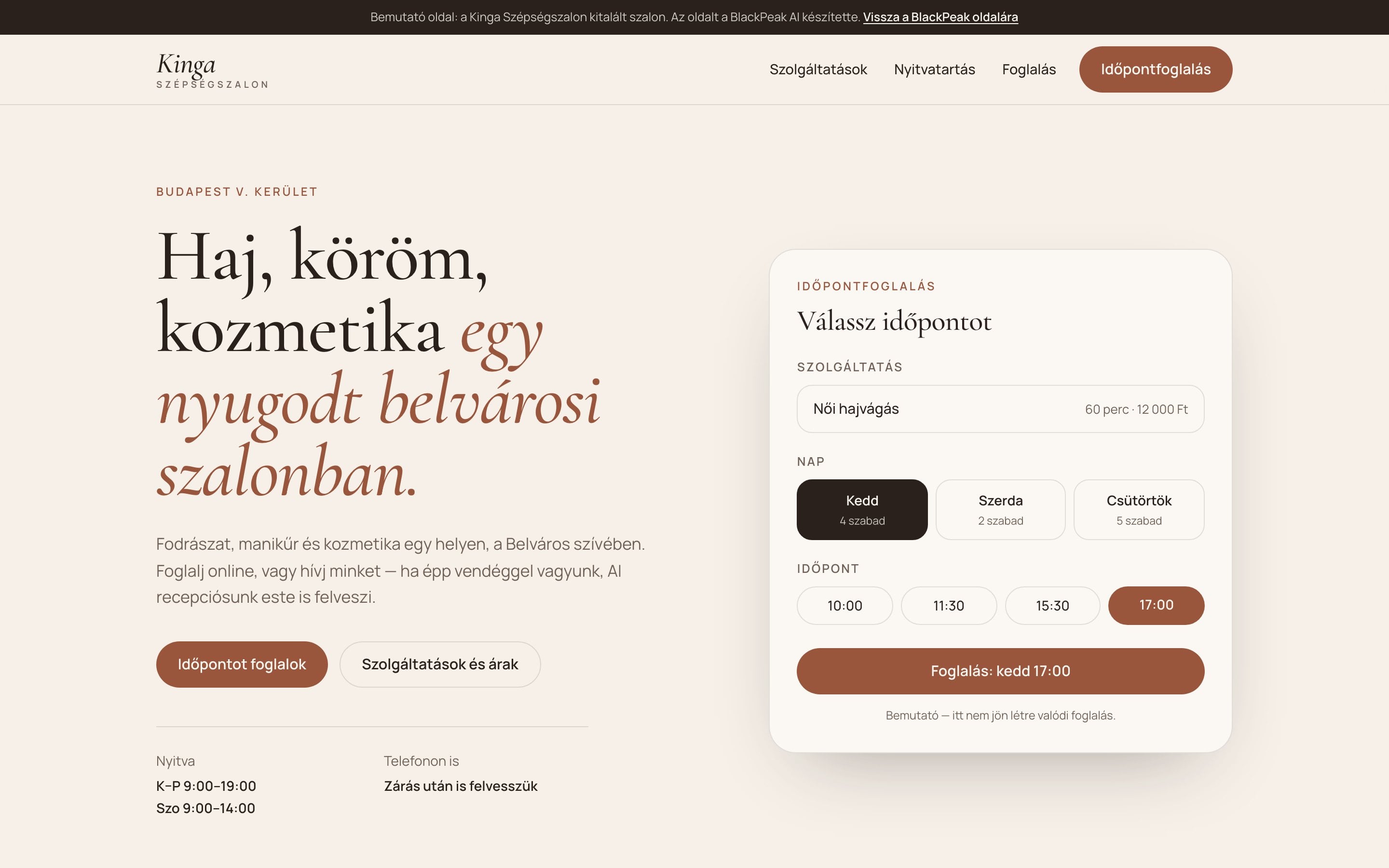 A Kinga Szépségszalon bemutató weboldala asztali nézetben: nyitókép a szalon nevével és az Időpontot foglalok gombbal